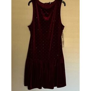 NWT IRIS DRESS Large Burgundy Velvet Sparkle Drop Waist Ruffle Hem Dress